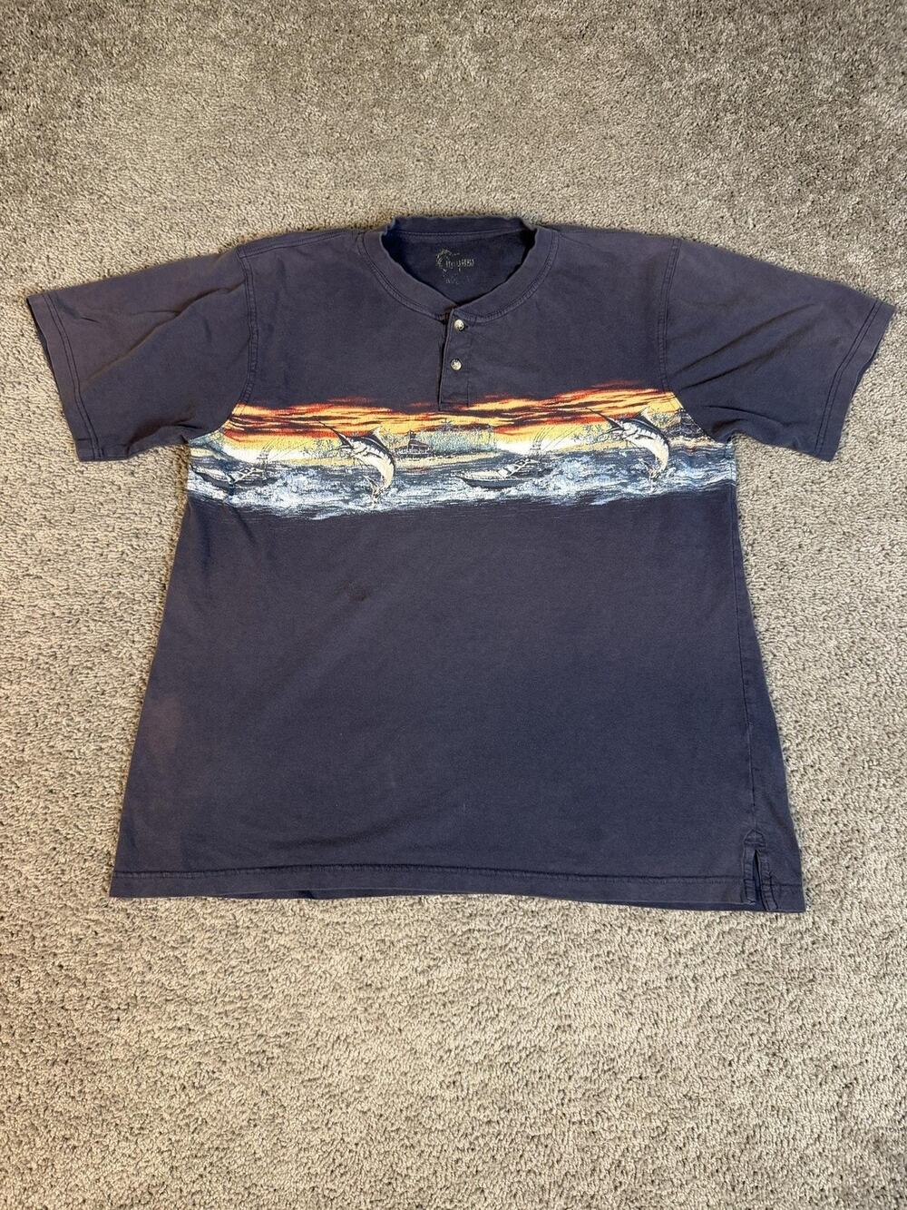 Reel Legends Shirt Mens 2XL Blue Henley Off Shore Swordfish Graphic Short Sleeve